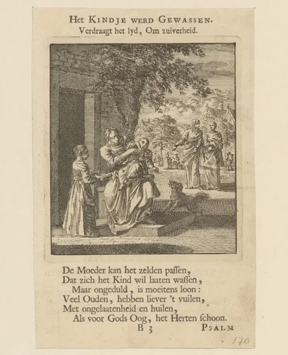 Kind wordt gewassen by Jan Luyken, print, 1712