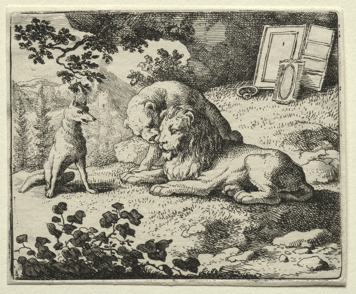 Reynard the Fox: Reynard Promises Gifts to the Lion by Allart van Everdingen, print, 1650-1675