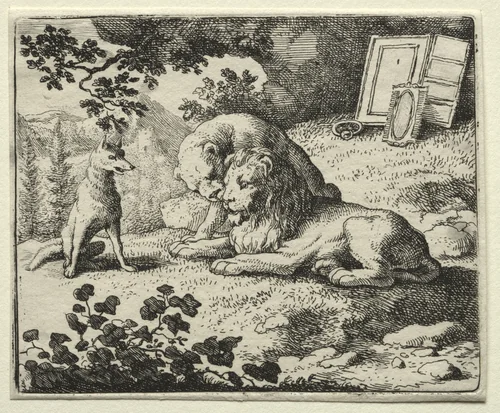 Reynard the Fox: Reynard Promises Gifts to the Lion by Allart van Everdingen, print, 1650-1675