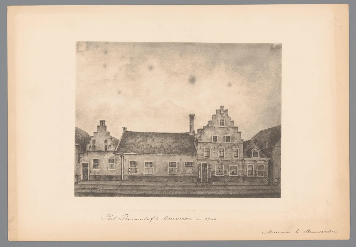 Reproductie van een tekening van gebouwen, mogelijk in Leeuwarden by anonymous, print, 1850-1900