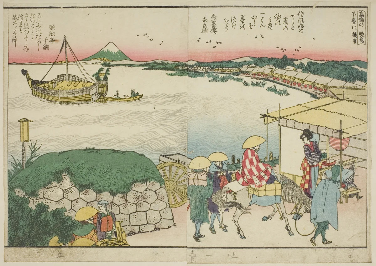 Pages from the illustrated book "Panoramic Views along the Banks of the Sumida River (Ehon Sumidagawa ryogan ichiran)" by Katsushika Hokusai (葛飾 北斎), print, 1801-1806