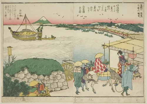 Pages from the illustrated book "Panoramic Views along the Banks of the Sumida River (Ehon Sumidagawa ryogan ichiran)" by Katsushika Hokusai (葛飾 北斎), print, 1801-1806