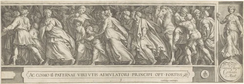 Sabijnse maagdenroof by Cherubino Alberti, print, 1563-1615