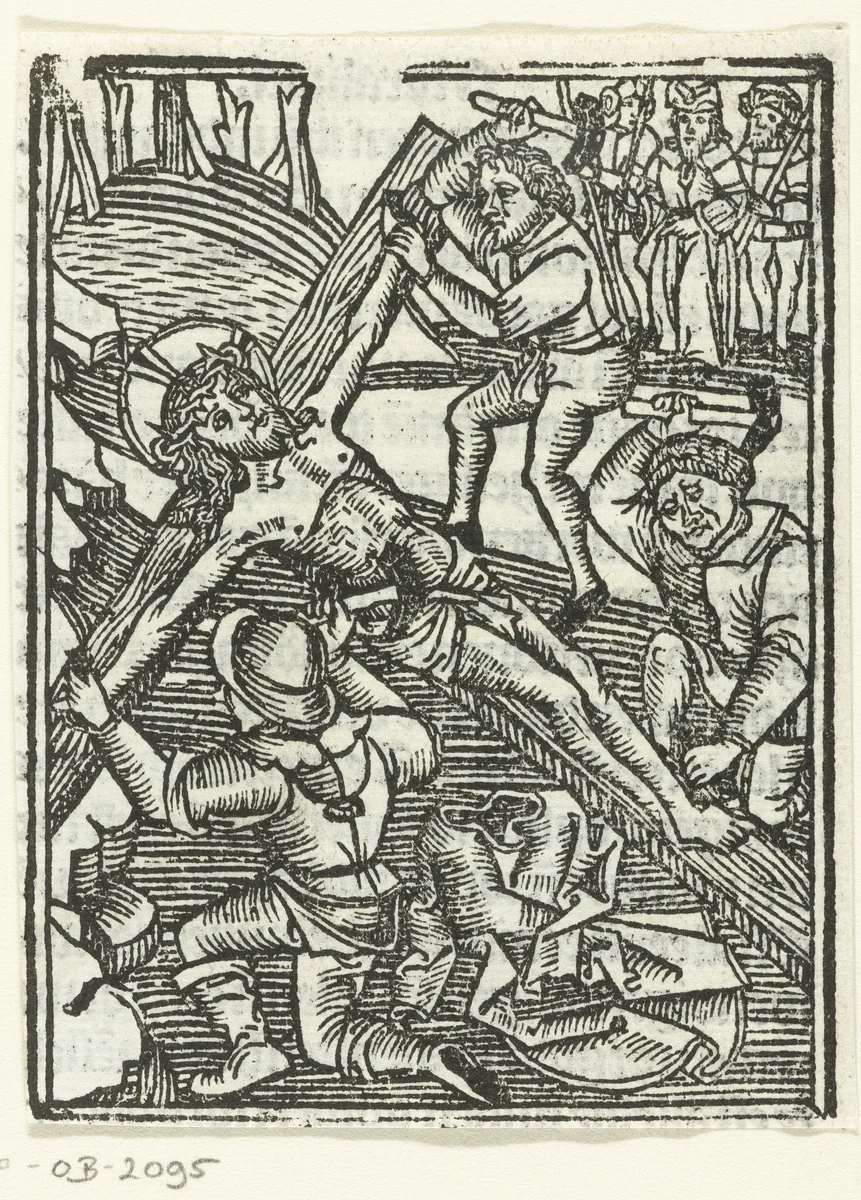 Christus wordt aan het kruis genageld by Unknown, print, 1490-1500