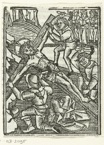 Christus wordt aan het kruis genageld by Unknown, print, 1490-1500