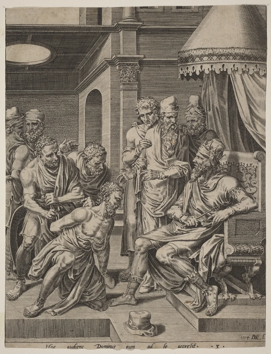 The Unmerciful Servant Brought before the King by Dirck Volckertz Coornhert; Maerten van Heemskerck, print, 1554