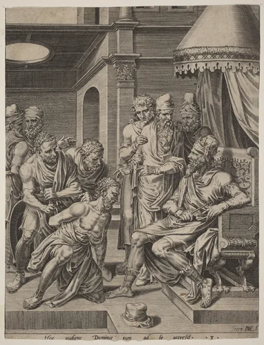 The Unmerciful Servant Brought before the King by Dirck Volckertz Coornhert; Maerten van Heemskerck, print, 1554