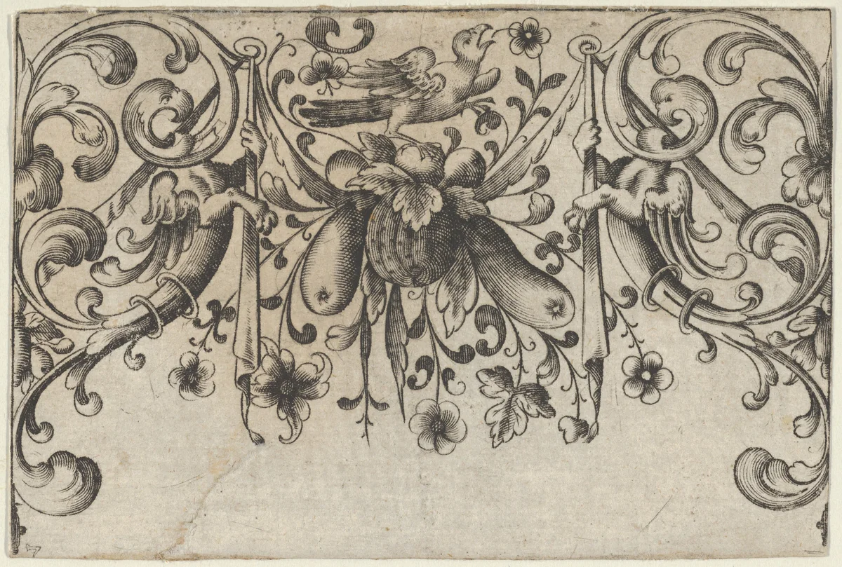 Design for Silverwork with Garlands, Birds, and Grotesque Motifs by Hieronymus Bang, print, 1568-1633