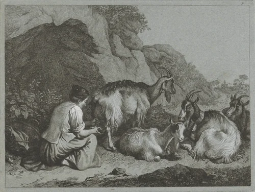 Herderin met kudde geiten by Francesco Londonio, print, 1763-1764