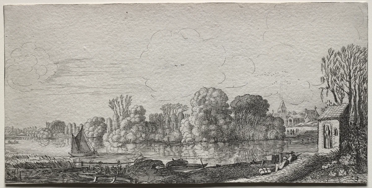 Landscapes: A Little Chapel by a Pond by Jan van de Velde, print, 1615-1652