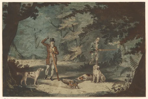 Twee jagers met drie dode fazanten by Robert Pollard, print, 1812-1813
