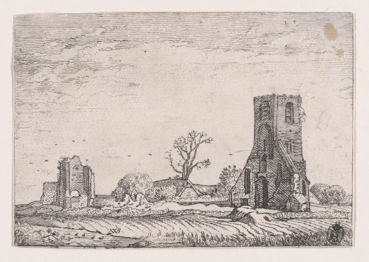 Ruins of the Chapel of Eykenduyen, near the Hague, from Verscheyden Landtschapjes (Various Little Landscapes), Plate 10 by Willem Pietersz Buytewech, print, 1611-1621