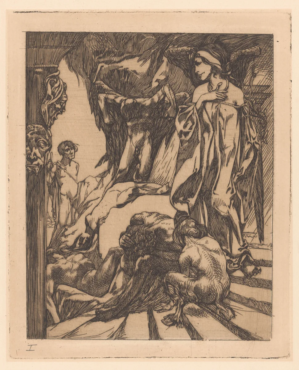 Oedipus en de sfinx by Johannes Josephus Aarts, print, 1881-1934