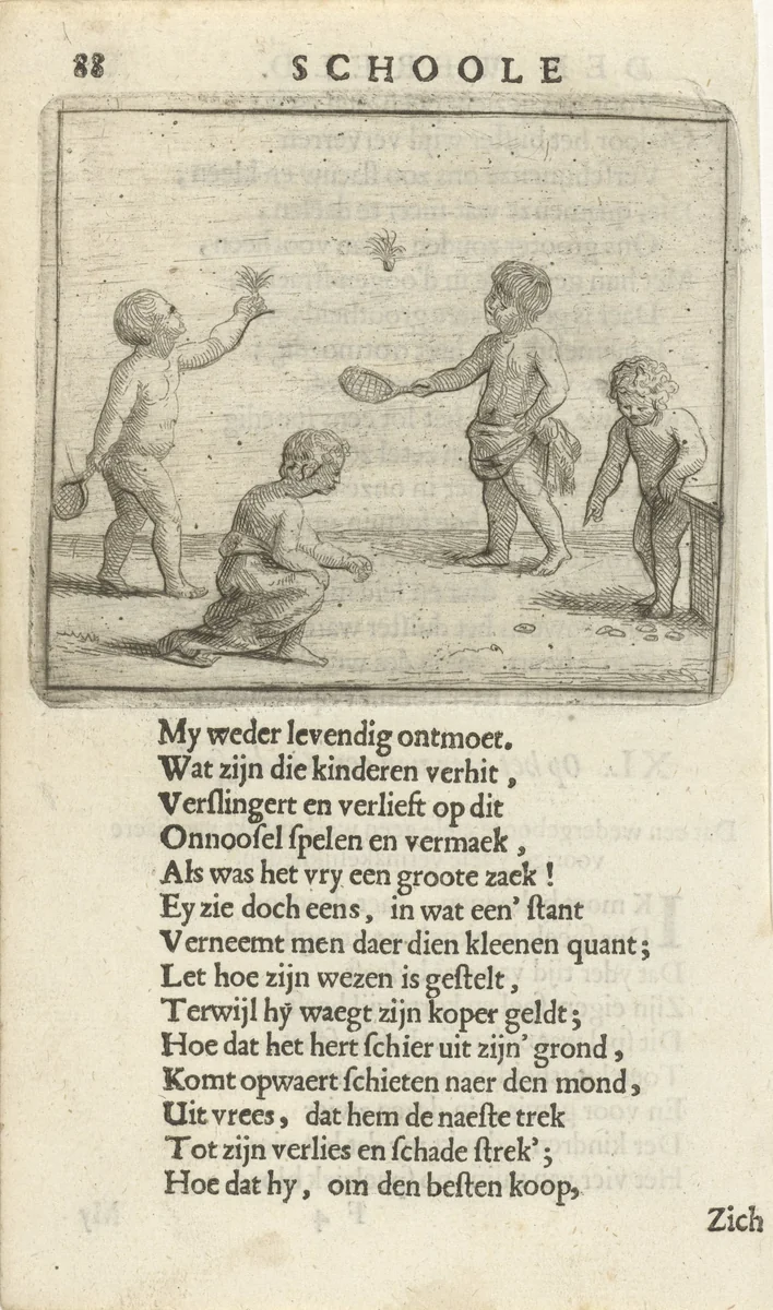 Vier spelende kinderen by Arnold Houbraken, print, 1682