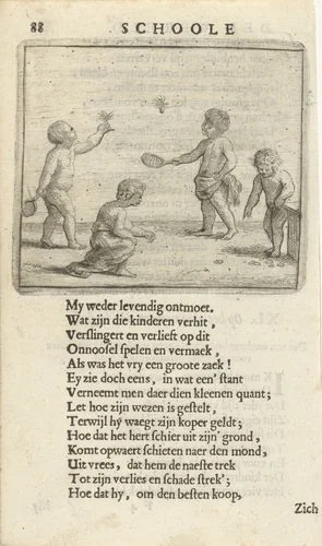 Vier spelende kinderen by Arnold Houbraken, print, 1682