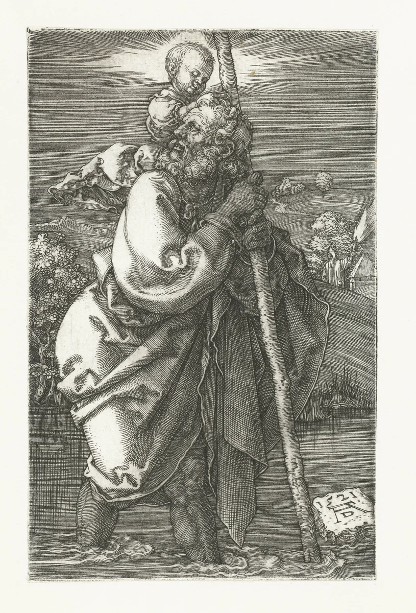De Heilige Christoffel draagt het Christuskind by Unknown, print, 1521