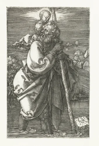 De Heilige Christoffel draagt het Christuskind by Unknown, print, 1521