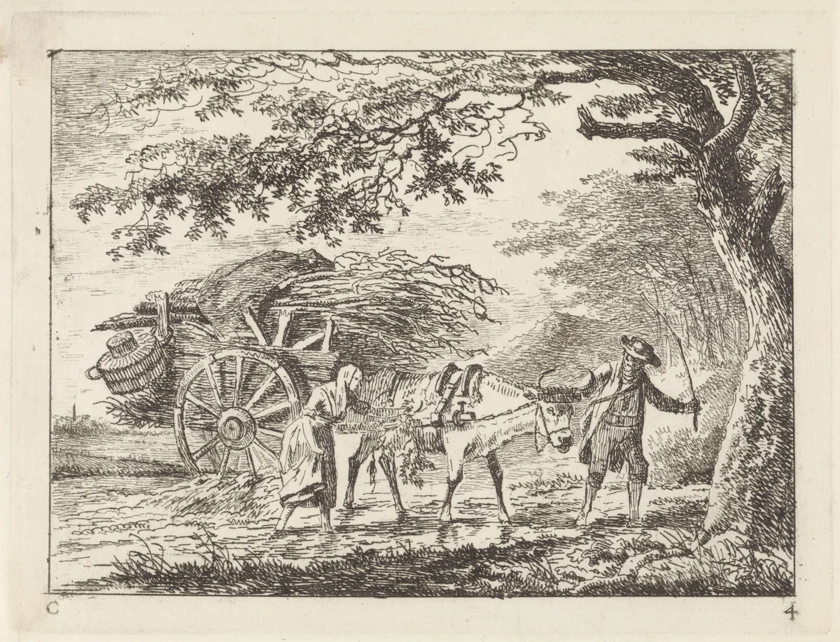 Man en een vrouw bij een volgeladen ossenkar by Gerard van Nijmegen, print, 1794