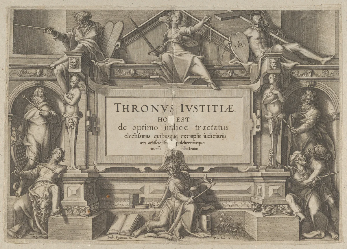 Title Page Set in an Architectural Frame with Allegorical figures and Christ, from "Thronus Justitiae, tredecim pulcherrimus tabulis..." by Willem van Swanenburg, print, 1605-1606