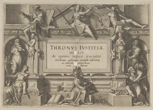 Title Page Set in an Architectural Frame with Allegorical figures and Christ, from "Thronus Justitiae, tredecim pulcherrimus tabulis..." by Willem van Swanenburg, print, 1605-1606