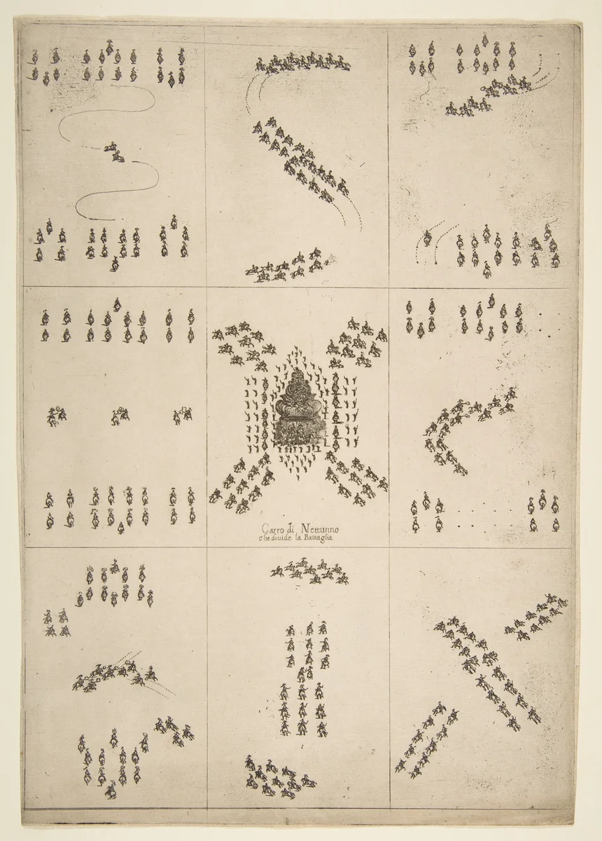 Various figures of horse ballet by Stefano della Bella, print, 1652