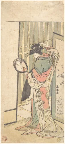 A Courtesan Looking at Her Reflection in a Hand Mirror by Katsukawa Shun'ei (勝川春英), print, 1777-1797