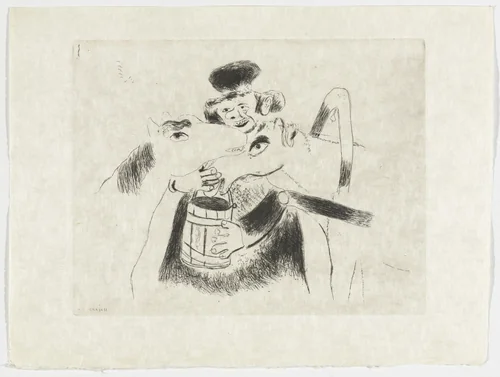 The Coachman Feeds the Horses (Le Cocher donne à manger aux chevaux), plate XXVI (supplementary suite) from Les Âmes mortes by Marc Chagall, illustrated book, 1923
