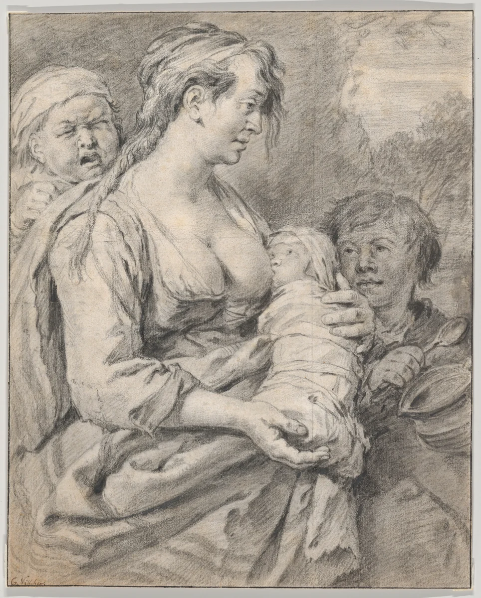 Roma Mother with Children by Cornelis Visscher, drawing, 1650-1658