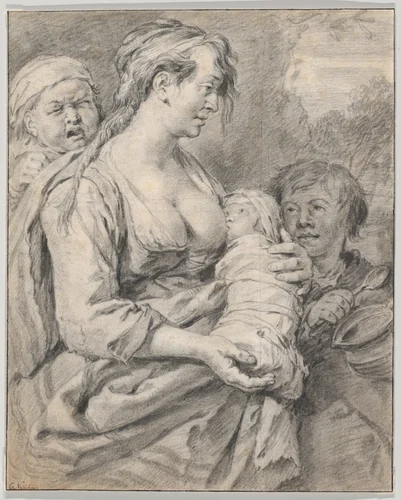 Roma Mother with Children by Cornelis Visscher, drawing, 1650-1658