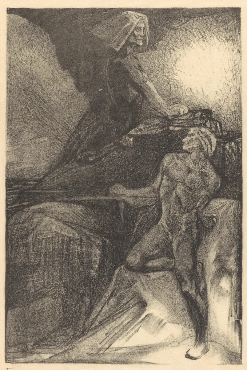 Staande man en zittende sfinx by Johannes Josephus Aarts, print, 1881-1934