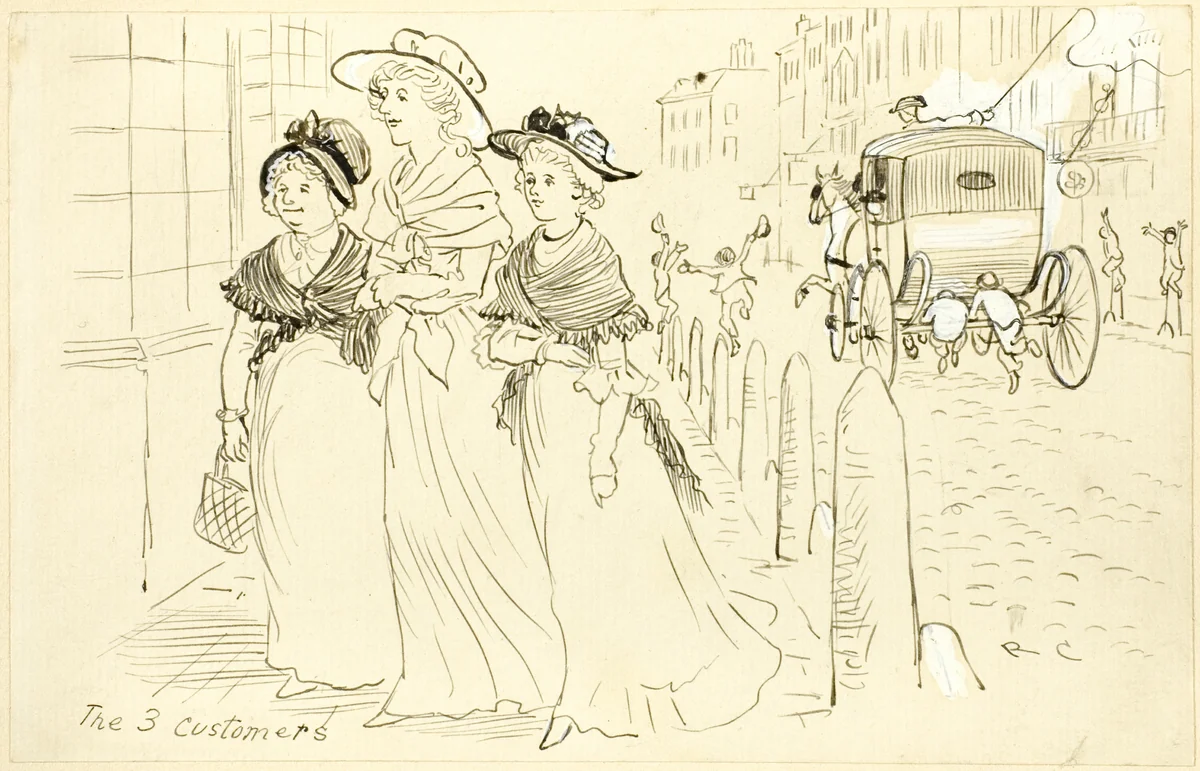 The Three Customers by Randolph Caldecott, drawing, 1866-1886
