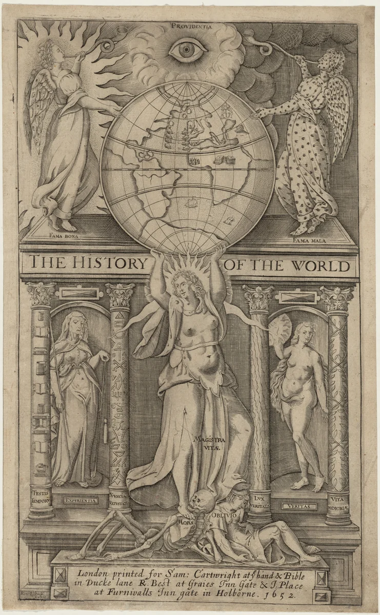 Title Page to Sir Walter Raleigh, History of the World by Renold Elstrack, print, 1652