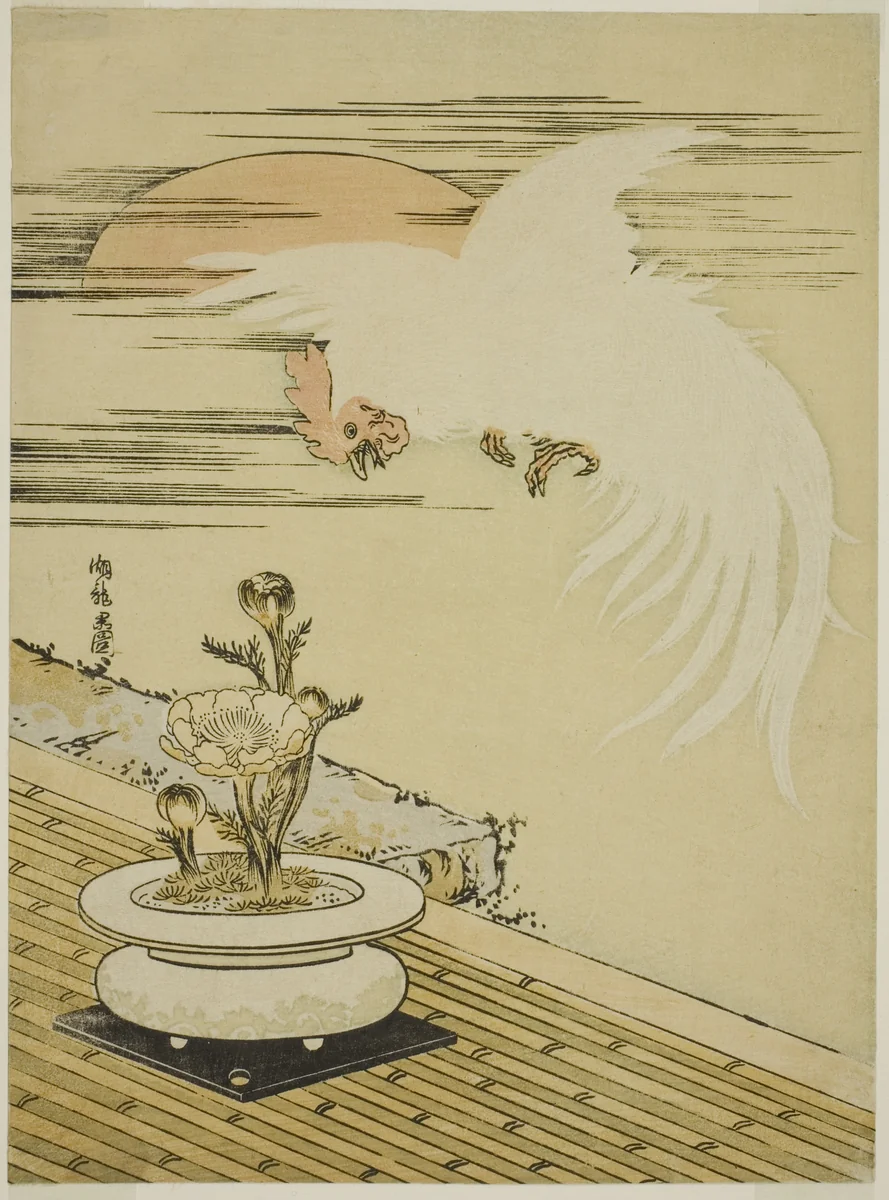 Cock Flying Over Pot of Adonis by Isoda Koryusai, print, 1770-1779