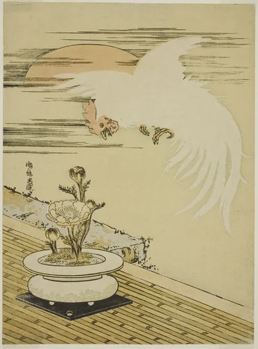 Cock Flying Over Pot of Adonis by Isoda Koryusai, print, 1770-1779