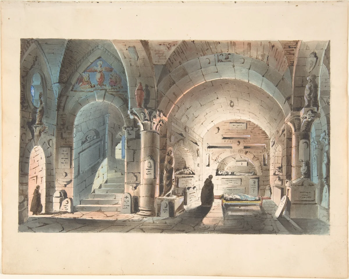 Design for a Stage Set: Crypt Scene by anonymous, drawing, 1830-1840