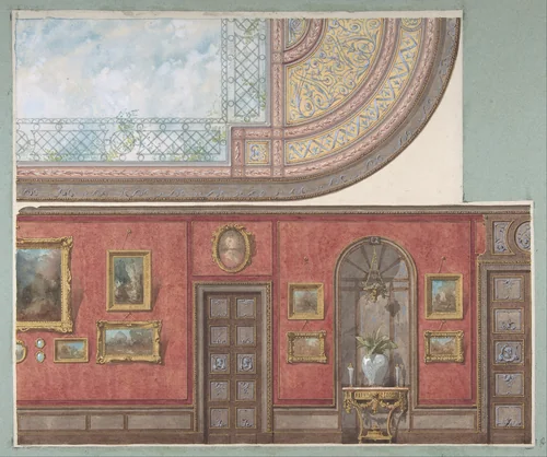 Design for Gallery Elevation and Ceiling, Hôtel Cottier by Jules-Edmond-Charles Lachaise, drawing, 1862-1872