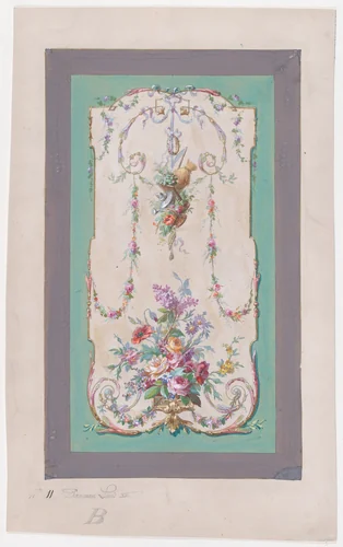 Design for a Panel with a Large Bundle of Flowers and Leaves and a Hanging Thin Bundle Containing Gardening Tools Inside an Ornamental Frame Decorated with Thin Garlands of Flowers and Leaves by anonymous, drawing, 1870-1900