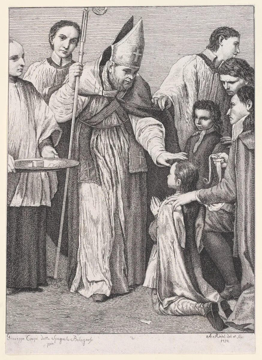 Confirmation, from "The Seven Sacraments" by Johann Anton Riedel, print, 1754