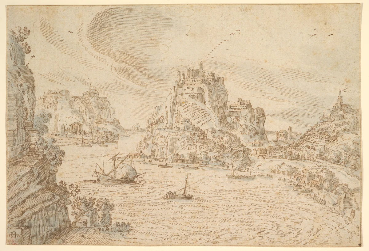 A Rocky Estuary with Ships and Hill Towns by Hendrik van Cleve, drawing, 1585
