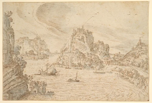 A Rocky Estuary with Ships and Hill Towns by Hendrik van Cleve, drawing, 1585