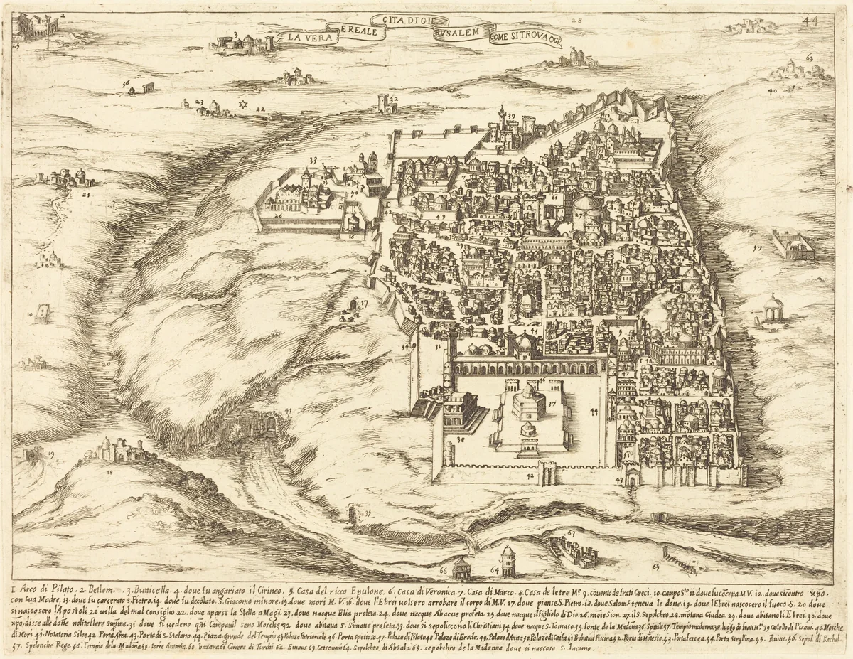 Aerial View of the City of Jerusalem by Jacques Callot, print, 1619