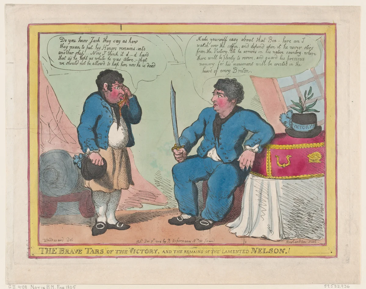 The Brave Tars of the Victory, and The Remains of the Lamented Nelson! by Thomas Rowlandson, print, 1806