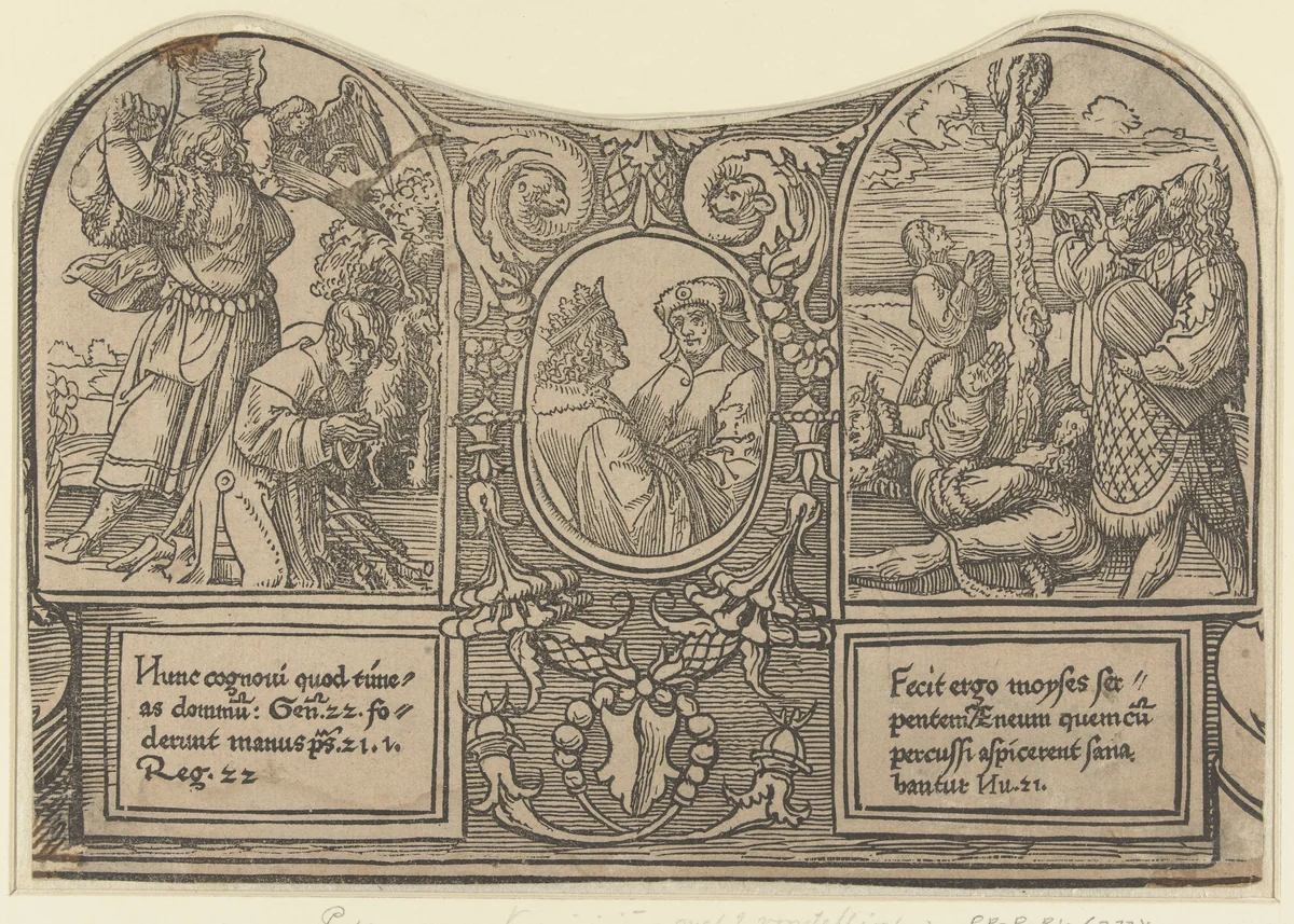 Het offer van Abraham en de koperen slang by Unknown, print, 1517-1533