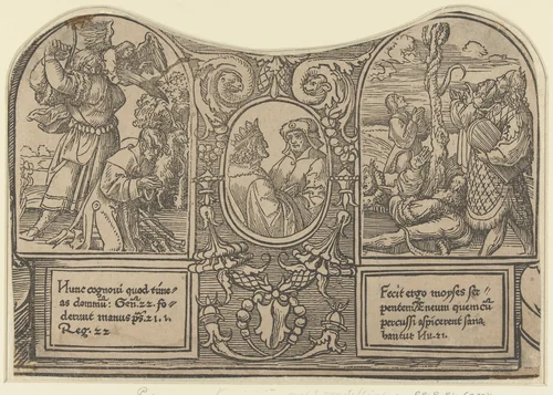 Het offer van Abraham en de koperen slang by Unknown, print, 1517-1533