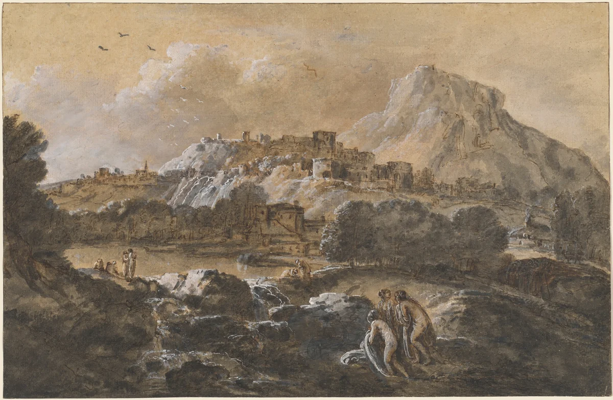 Mountainous River Landscape with Bathers by Francesco Zuccarelli, drawing, 1752-1770