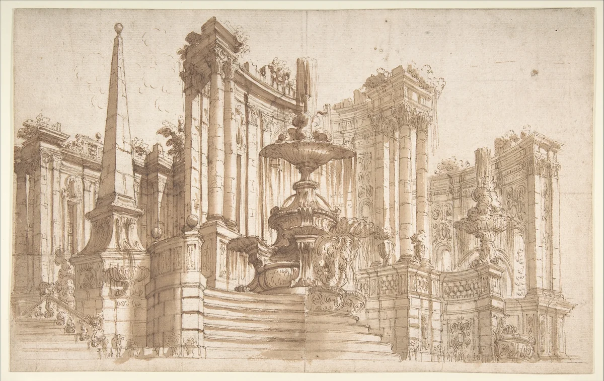 Design for a Stage Set: Semi-Circular Architectural Ruins, Fountains, and an Obelisk by Ferdinando Galli Bibiena, drawing, 1657-1743