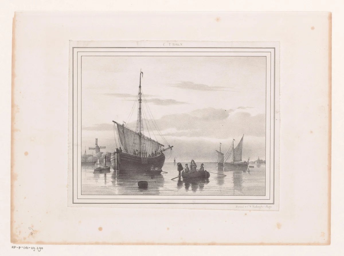 Rivierlandschap met zeilboten by anonymous, print, 1845-1847