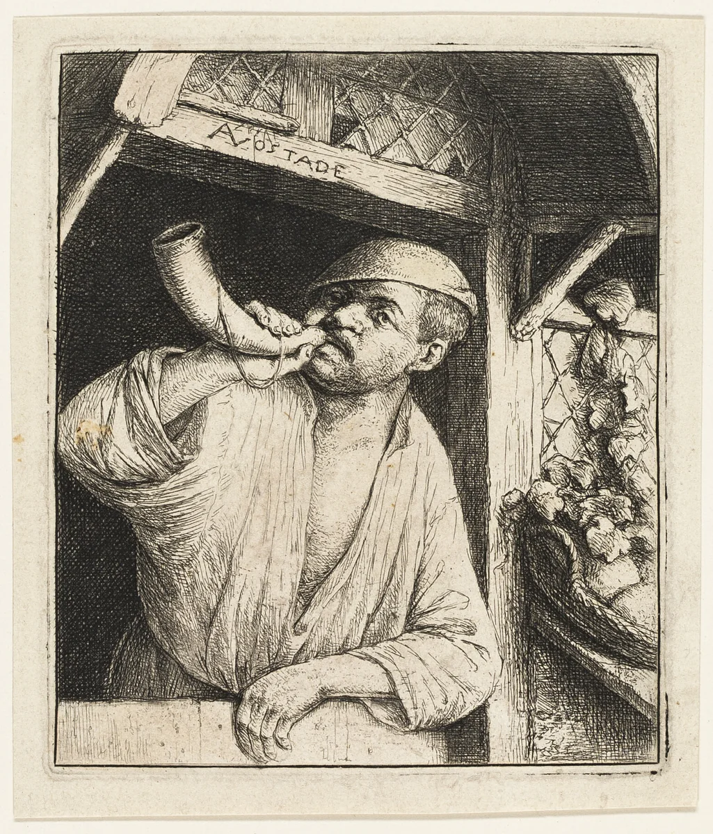 The Baker Sounding His Horn by Adriaen van Ostade, print, 1643-1653