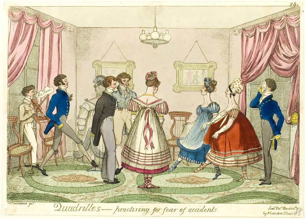 Quadrilles - Practising for Fear of Accidents by Isaac Robert Cruikshank, print, 1817