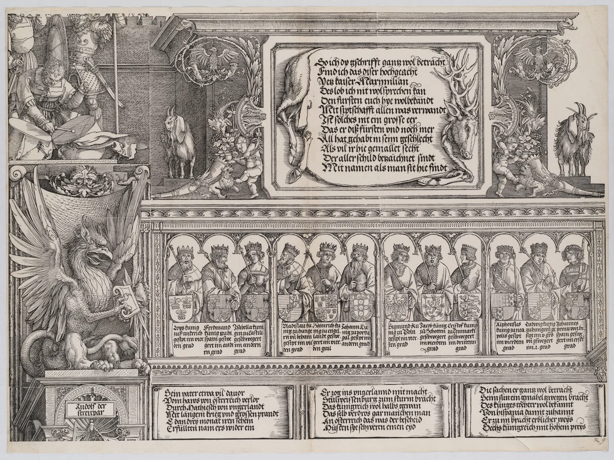 The Upper Section of the Right Portal, with the Inscription on a Stag Skin; a Frieze with Busts of Roman Emperors; and the Entablature of the Columns, from the Arch of Honor, proof, dated 1515, printed 1517-18 by Albrecht Dürer, print, 1515
